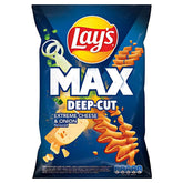 A 120g bag of Lays Max Deep-Cut Extreme Cheese & Onion Crisps, featuring bold cheese and onion flavours with wavy chips for an intense snacking experience.